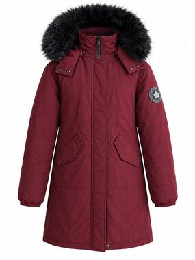 Toboggan Canada Burgundy Down Winter Parka Jacket with Faux Fur Hood Size XS